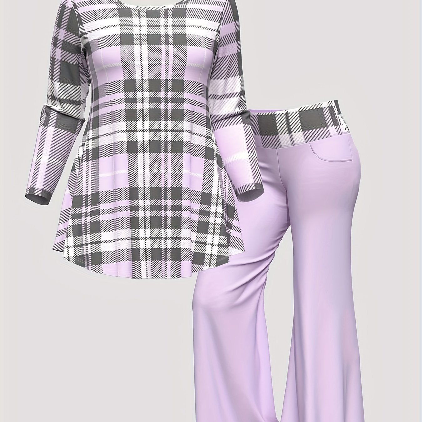 Women's Casual Outfits Set, Plus Size Plaid Print Long Sleeve Round Neck Top & Flared Leg Pants Outfits 2 Piece Set