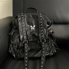 Ingvn  Y2k Black Womens Backpack Vintage Fashion Gothic Soft Pu Leather School Backpack Large Capacity Men Casual Original Bag Sac