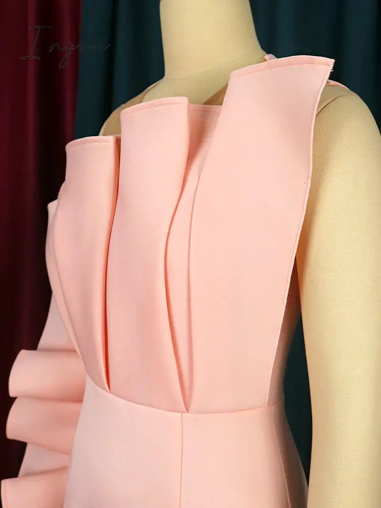 Ingvn - Women Pink Dress Party Ruffle Stylish Occasion Celebrate Sleveless Mesh Patchwork Elegant Slim Summer Homecoming Robe Gowns