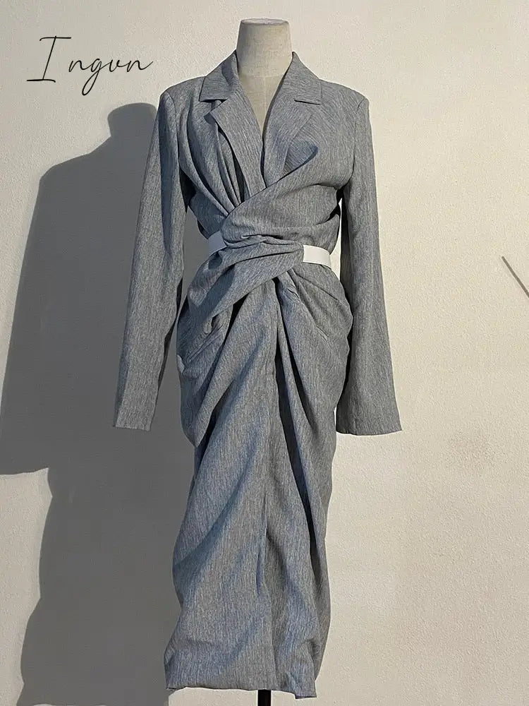 Ingvn - Women Gray Pleated Knot Long Elegant Dress New V-collar Long Sleeve Loose Fit Fashion Tide Spring Summer 2023