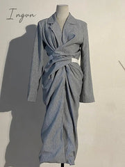 Ingvn - Women Gray Pleated Knot Long Elegant Dress New V-collar Long Sleeve Loose Fit Fashion Tide Spring Summer 2023