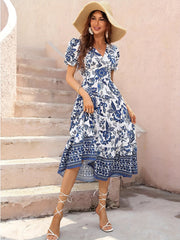 Vibrant Floral Print Surplice Neck A-Line Dress - Elegant Short Sleeve Spring & Summer Dresses for Women - Stylish, Comfortable, and Chic Clothing for Ladies