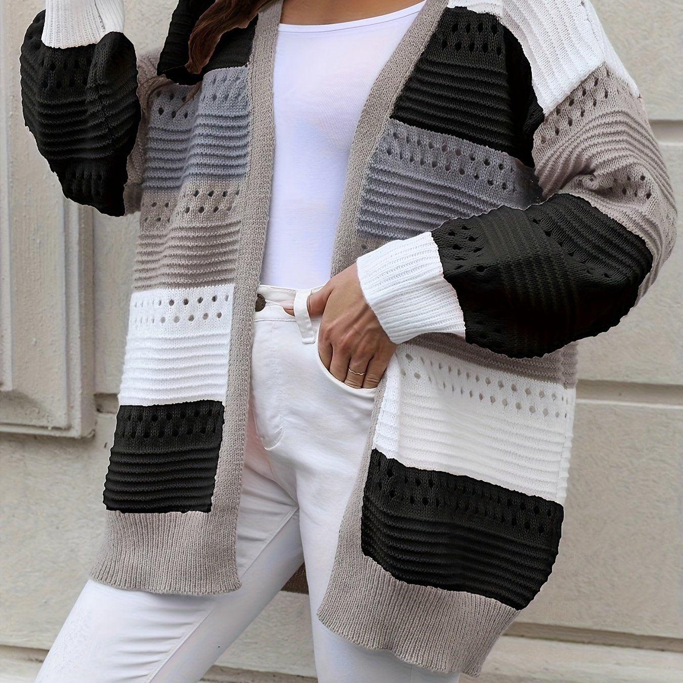 Plus Size Casual Cardigan, Women's Plus Colorblock Hollow Out Long Sleeve Open Front Cardigan