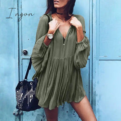 Ingvn - Loose Dress Autumn Women Long Sleeve Solid V Neck Party Dress Casual Loose Ruffled Pleated Party Vestido Robe