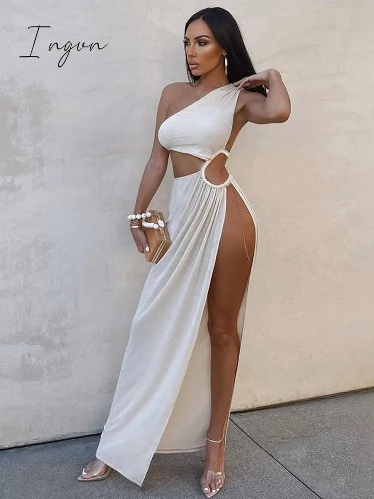 Ingvn - Fashion White Elegant Maxi Dress Summer Women Sexy One Shoulder Split Long Dress Female Fashion Cut Out Club Party Dress Beachwear