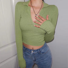 Vintage Knitted Sweater T-shirt Turn-down Collar Long Sleeve Crop Top Shirts Women Autumn Fashion Clothes Top Tees
