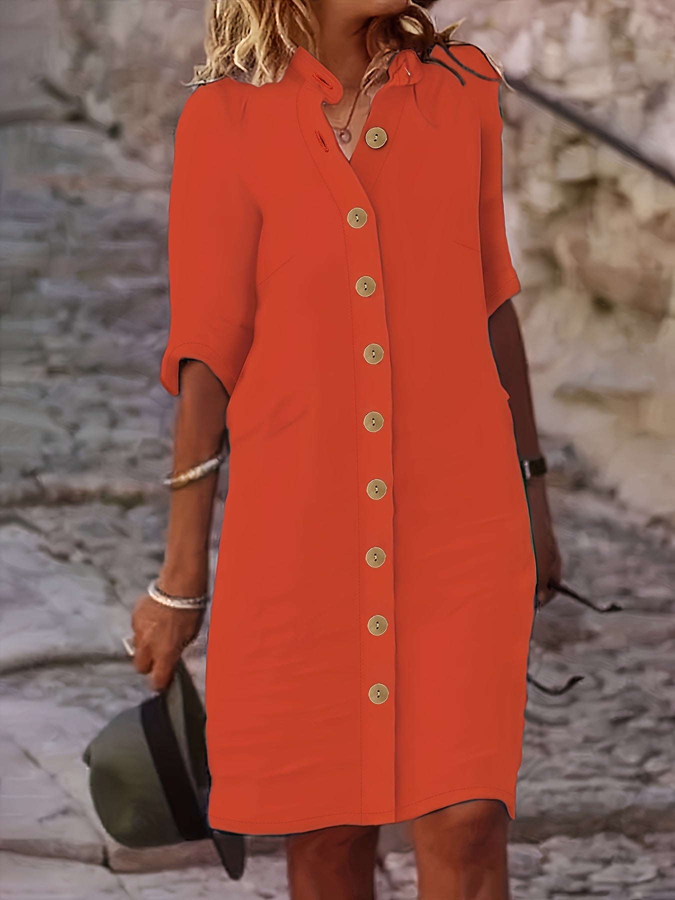 Chic Midi Dress with Button Detail - Womens Half Sleeve Casual Dress - Versatile Day-to-Night Style