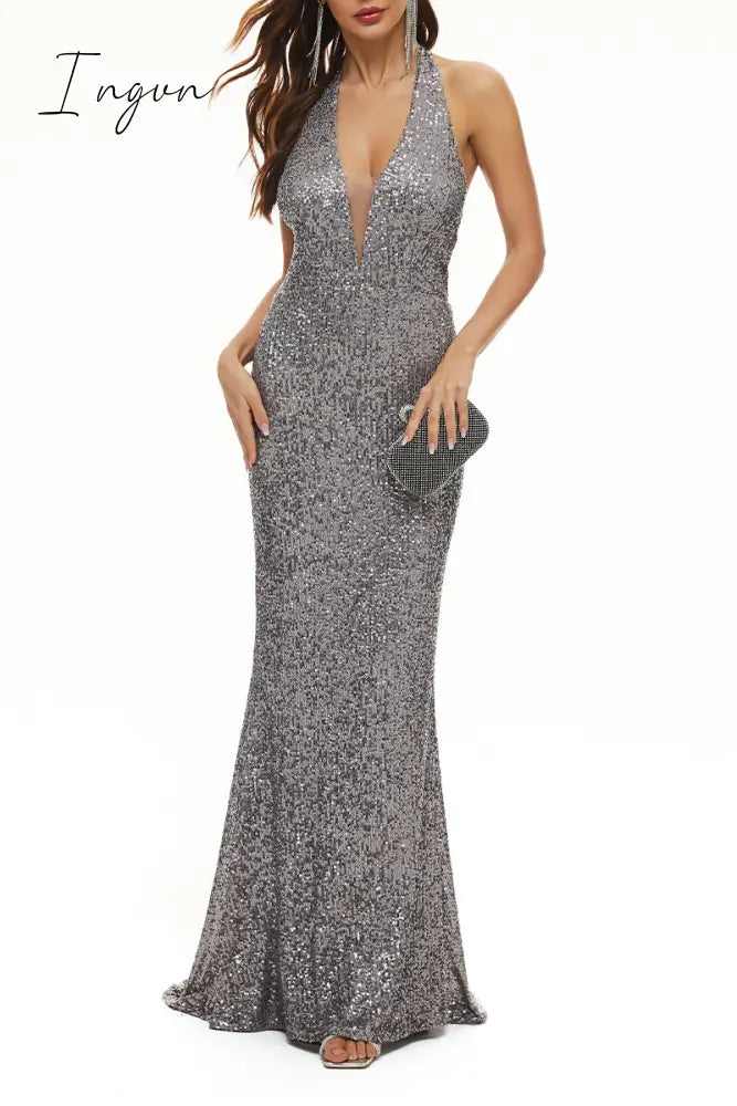 Ingvn - Elegant Formal Solid Patchwork Halter Evening Dress Dresses