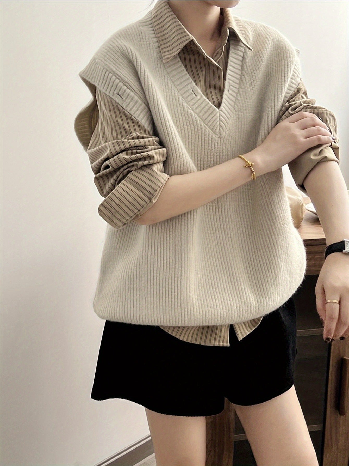 Solid V Neck Knitted Vest, Casual Sleeveless Loose Sweater Vest, Women's Clothing