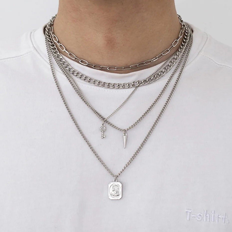 INGVN  Punk Multilayer Chains Chunky Necklace Set Goth Spike Rivet Portrait Key Pendant Necklace Women Men Statement Jewelry