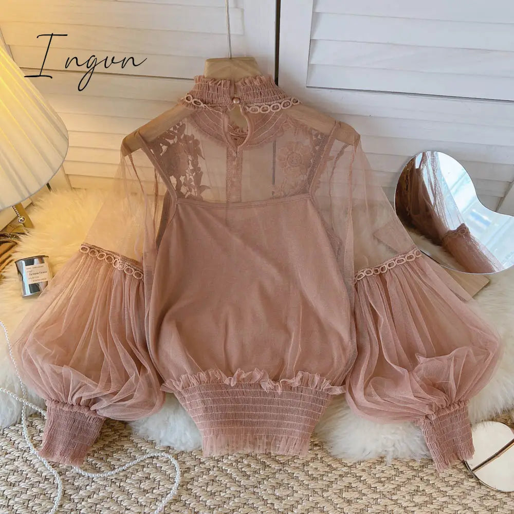 Ingvn - spring Women Mesh Tops Fashion Sexy Sheer Lace Blouse Lantern Sleeve 3D Floral Blouses Shirts Elegant Top Blusas Femininas