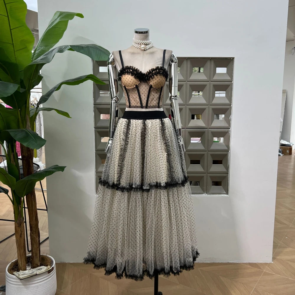 Summer Polka Dot Tight Top Mesh Women's Elegant Underwear Y2K Fashion Sexy Set Party Evening Dresses Two Piece Set Long Skirt