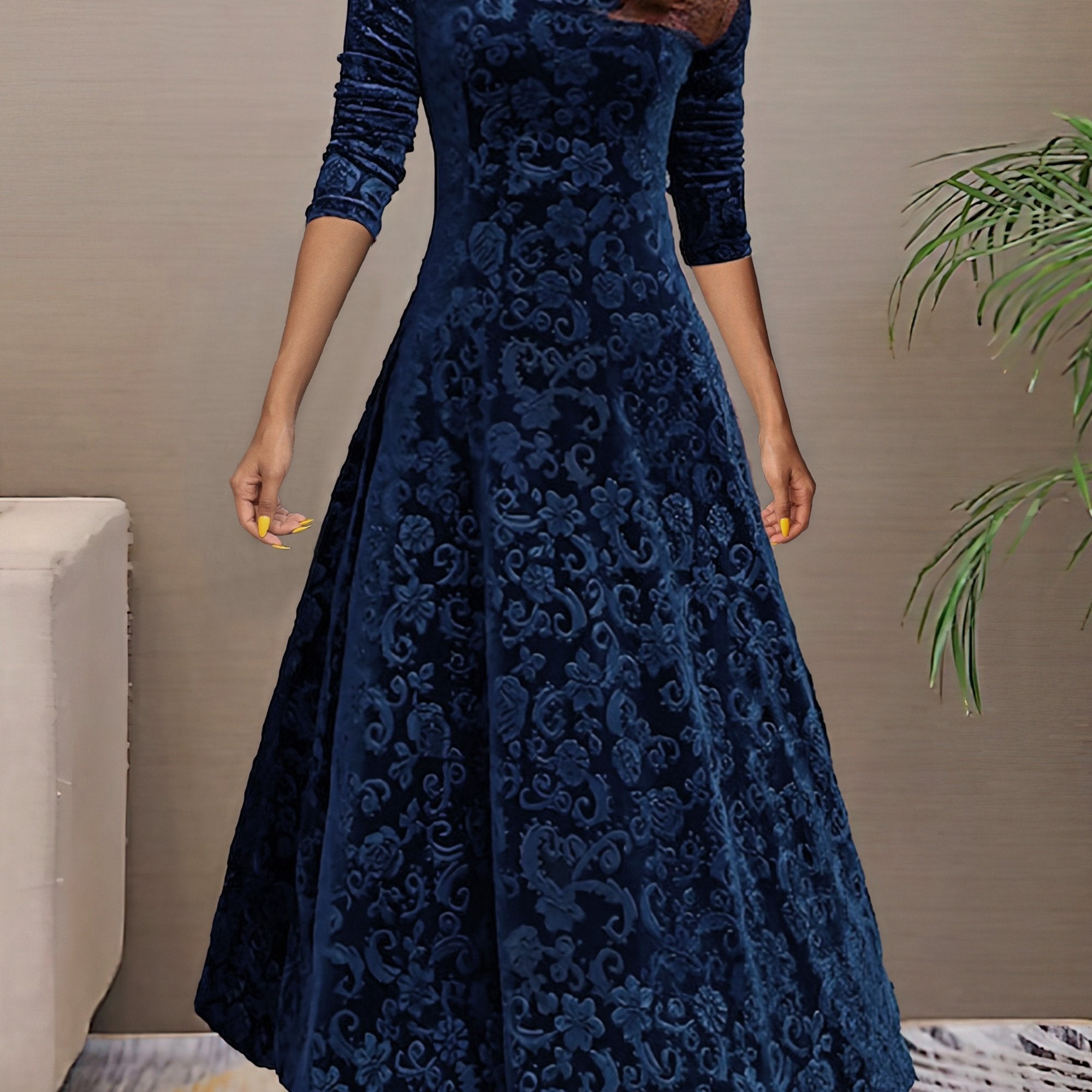 Vibrant Polyester Long Sleeve V-Neck Flared Dress - Elegant, High-Elasticity, Random Print, Machine Washable, All-Season Apparel for Women - Perfect for Spring and Fall Occasions