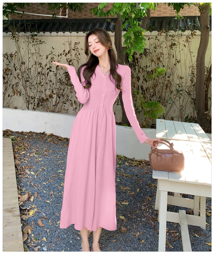 Autumn Vintage Knitted Dress for Women Elegant Single Breasted V-Neck Long Sleeves A-Line Party Dresses Slim Waist Vestidos New