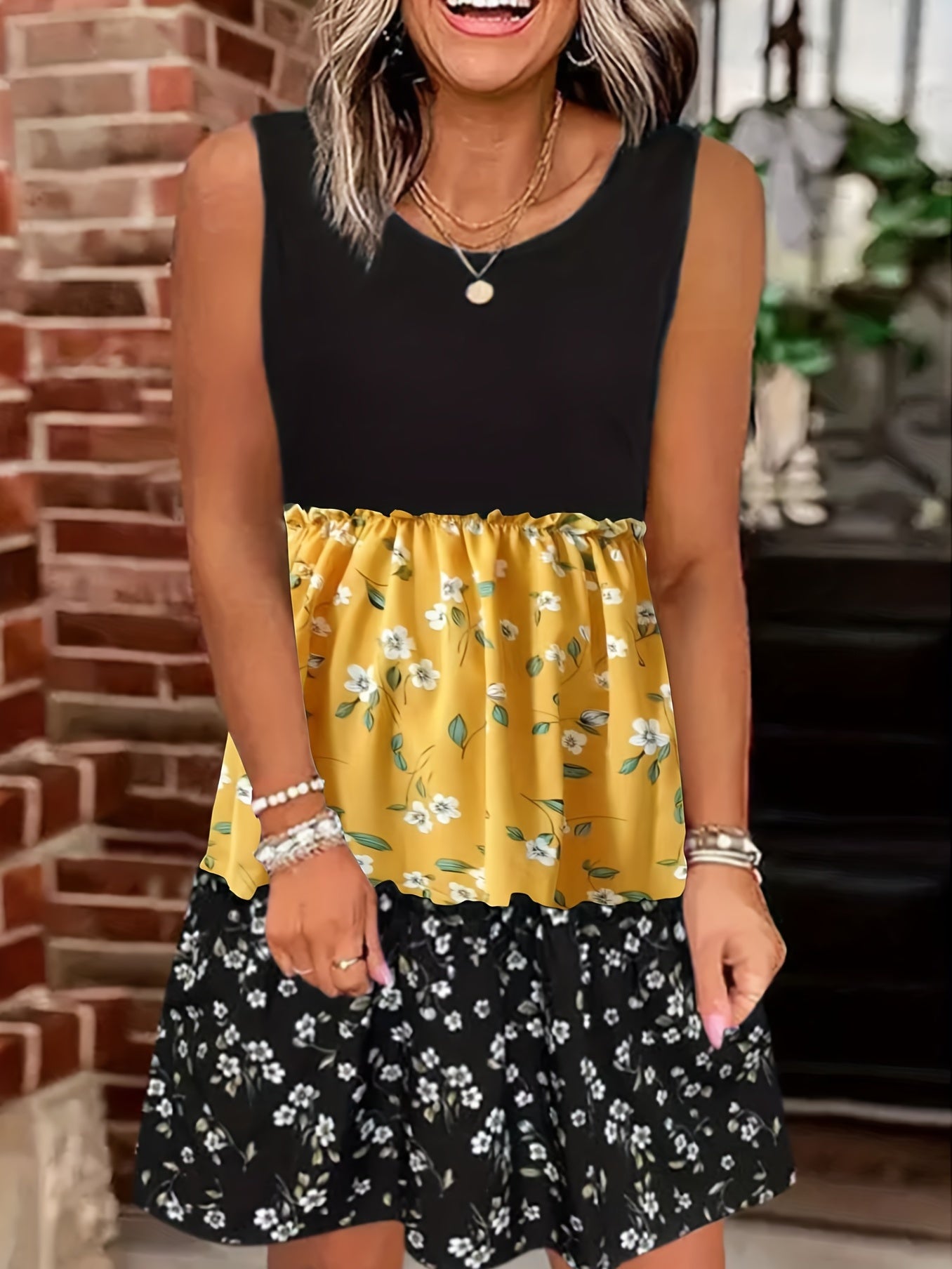 Boho Chic Floral Print Tank Dress - Color Block Crew Neck - Flowy Sleeveless for Summer - Fashionable Womens Clothing