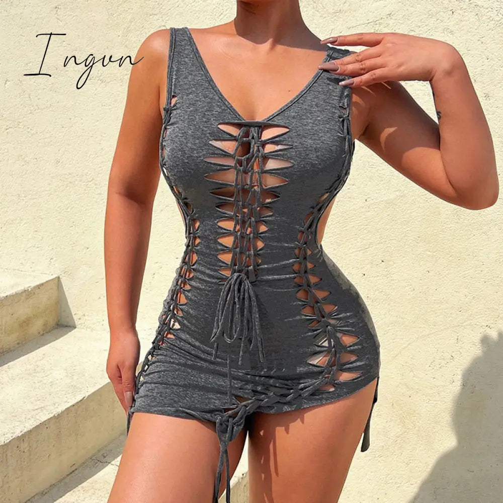 Ingvn - Dark Gray Hollow Out Mini Dress Sexy Drawstring Bandage Backless Summer Dresses for Women 2023 Birthday Party Clubwear