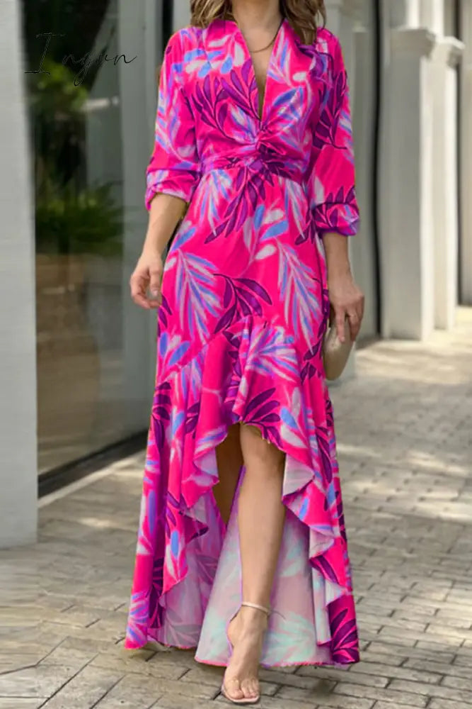 Ingvn - Fashion Sexy Print Pocket V Neck Irregular Dress Dresses(6 Colors)