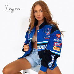 Ingvn - Hot Sell Quality Print Loose Baseball Jackets Women Casual Blue Long Sleeve Sports Coat Spring Autumn Female Streetwear Zipper Bomber Jacket