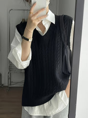 Solid V Neck Cable Knit Vest - Women's Casual Clothing - Sleeveless Loose Fit Versatile Sweater Vest for Everyday Wear, Comfortable and Stylish