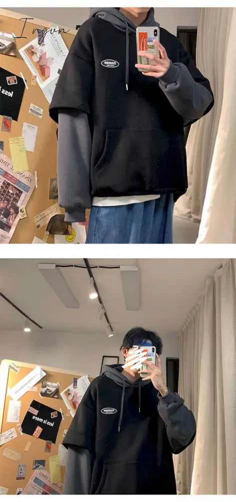 Ingvn - Spring Outfits 2023 Trends Hoodies Women Sweatshirt Couple Autumn/winter Fake Two-piece Hooded Pullover Student Korean Style Loose Top Velvet Thick Jacket