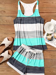 Elastic Comfort: Women's Spring/Summer Striped Two-Piece Set - Casual Sleeveless Tank & Adjustable Shorts, Easy Care & Stylish