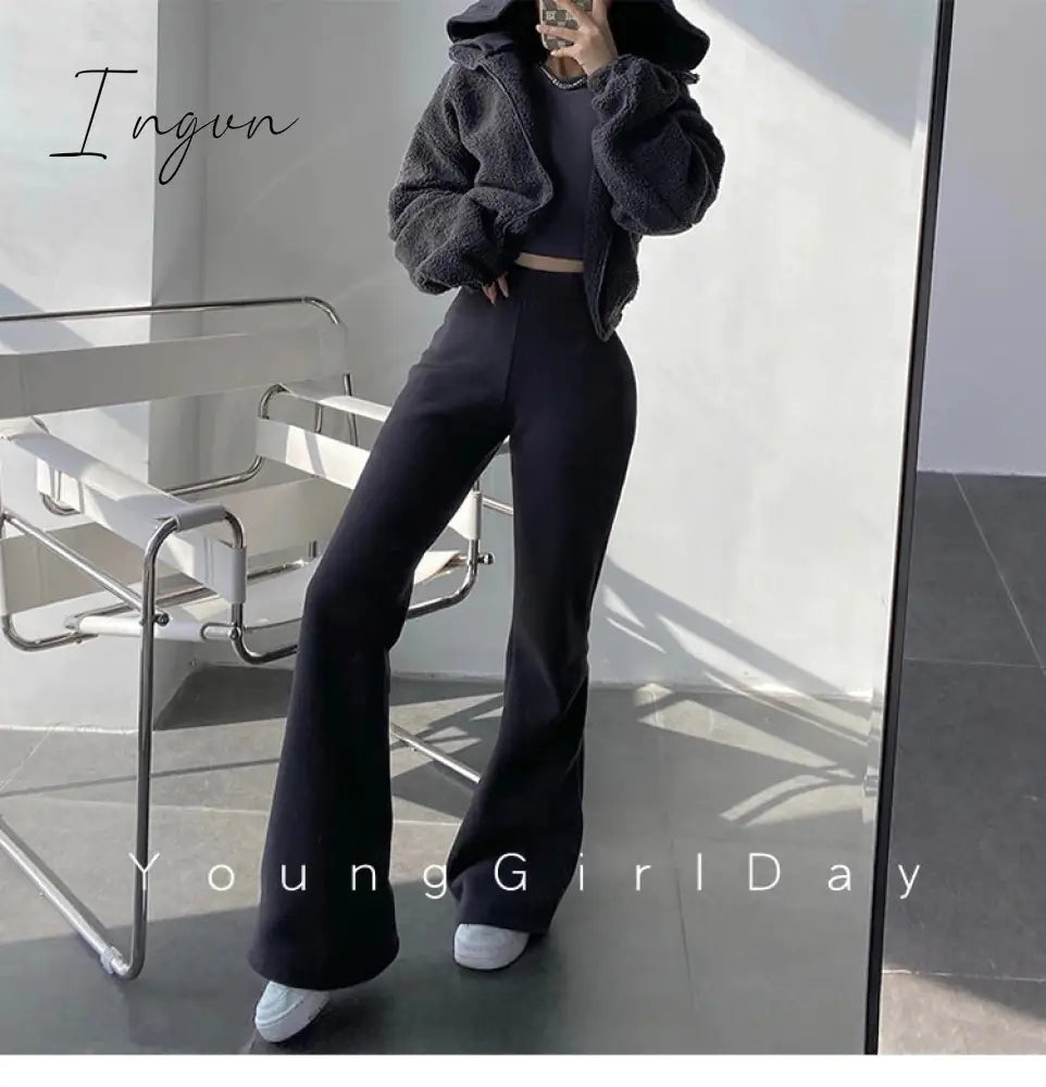 Ingvn - New High Street Elastic Waist Solid Color Flare Pants For Women Spring Autumn Thick Casual Female Trouser BSXM new years eve outfits women
