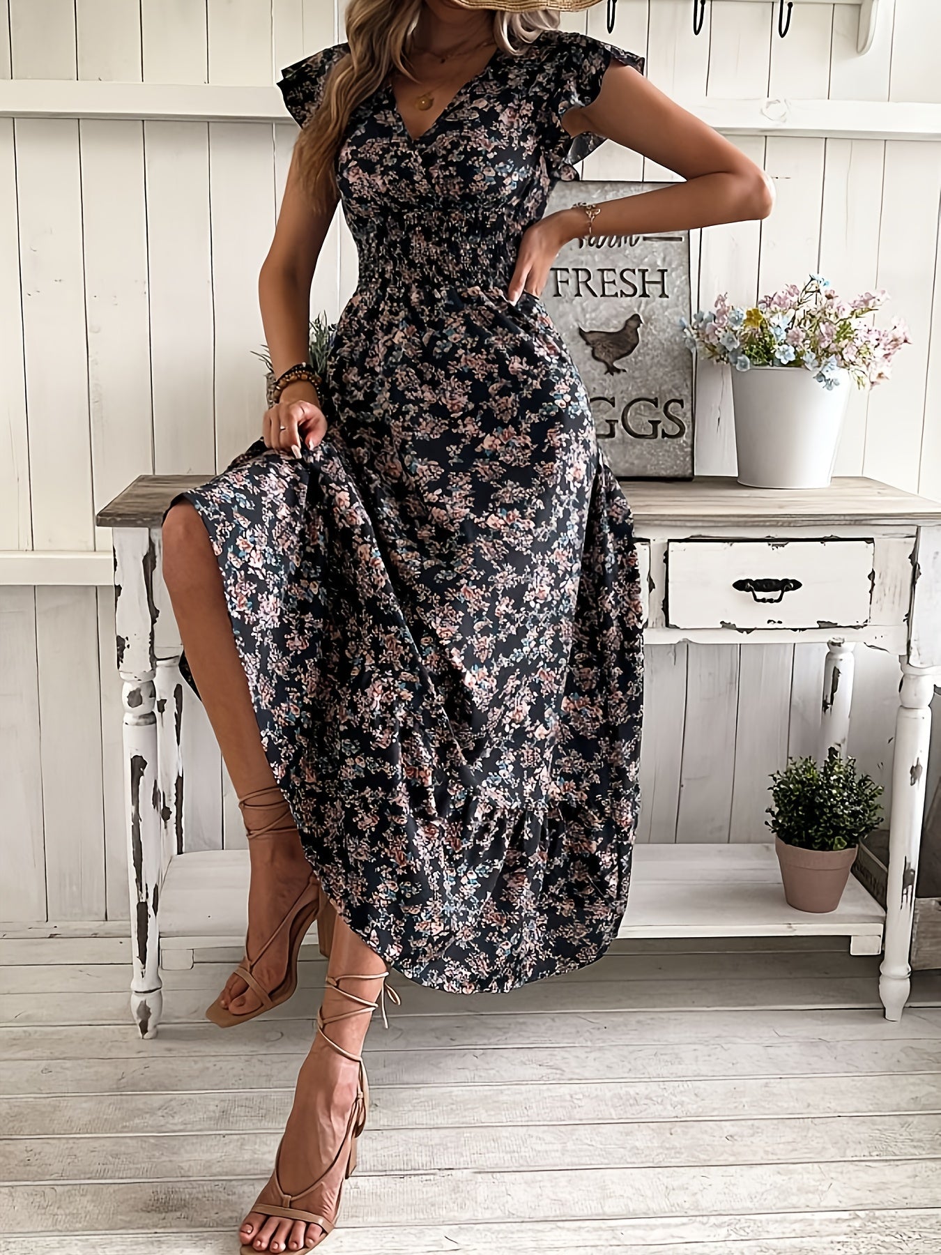 Vibrant Floral Print Ruffled A-Line Dress - Shirred Waist, Relaxed Fit, Vacation-Ready, Spring & Summer Essential - Women's Stylish Clothing for Warm Weather