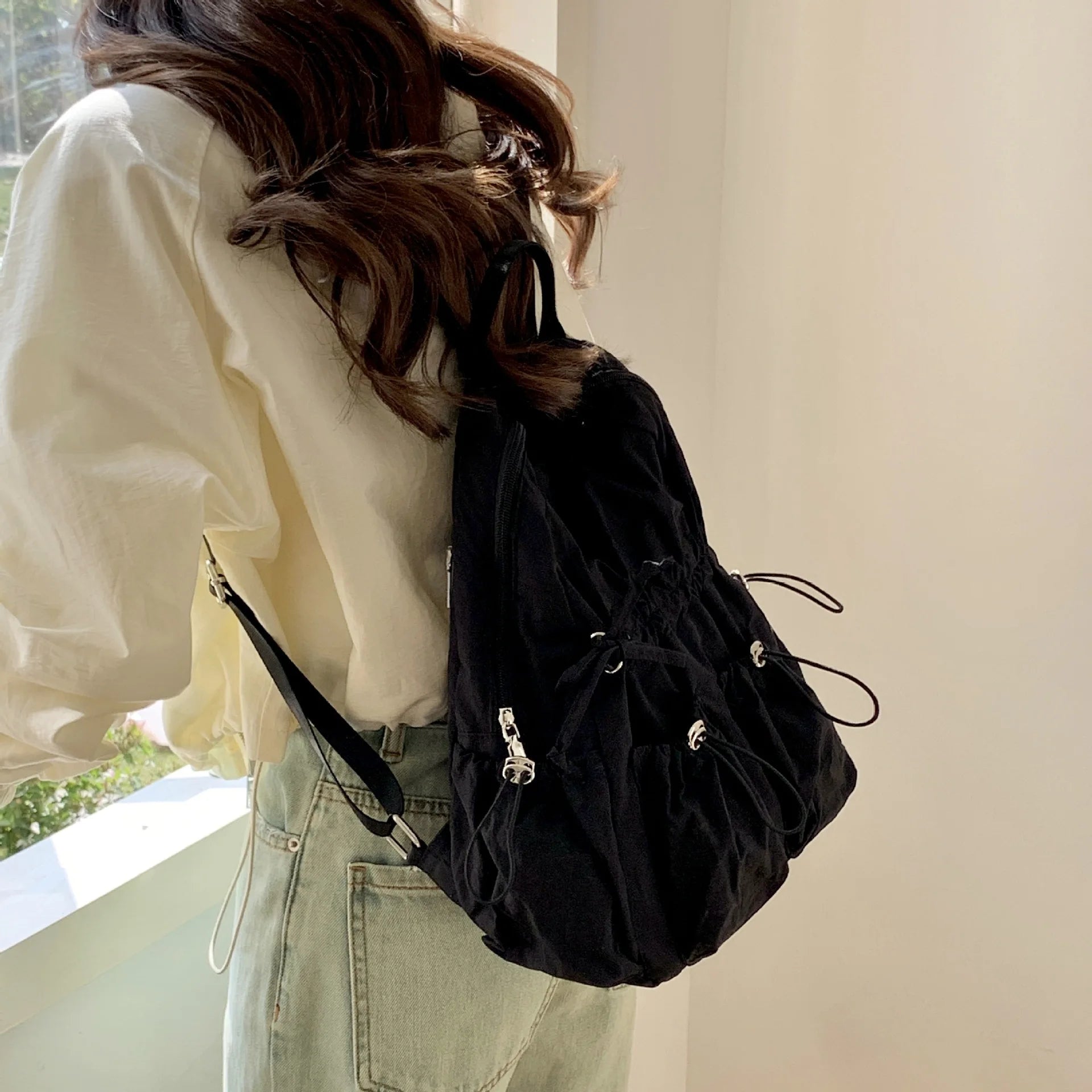 INGVN  Korean Simple Nylon Summer Beach Pleated Women Backpack Students School Girl Backpack Travel Commuter Backpacks for Women