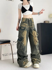Ingvn  Women's Tie Dyed Patterns Multiple Pockets Unisex Jeans Street Summer Trousers Young Girl Street Bottoms Female Denim Pants