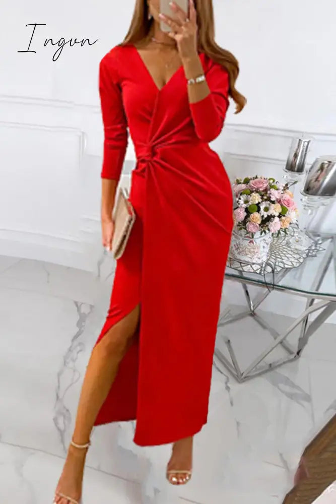 Ingvn - Elegant Solid Slit Fold V Neck Evening Dress Dresses(4 Colors)