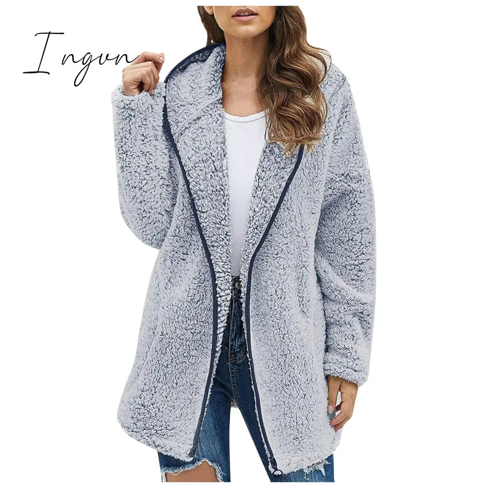 Ingvn - 2023 New Fashion Women'S Thick Plush Long Sleeve Jacket Female Winter Coat With Hat And Pocket Female Top Fashion Fall Winter