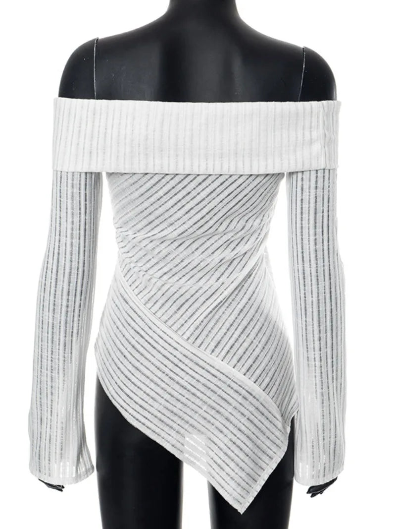 Ingvn  Fall Woman Clothing Slash Neck White T-shirts Fashion Off Shoulder Irregular Tee Shirt Streetwear Female See-through Tops
