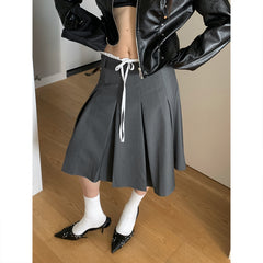 Casual Korean Contrast Color Drawstring Skirt Women's Autumn Mid-Length A-Line High Waist Slim Pleated Skirt Women
