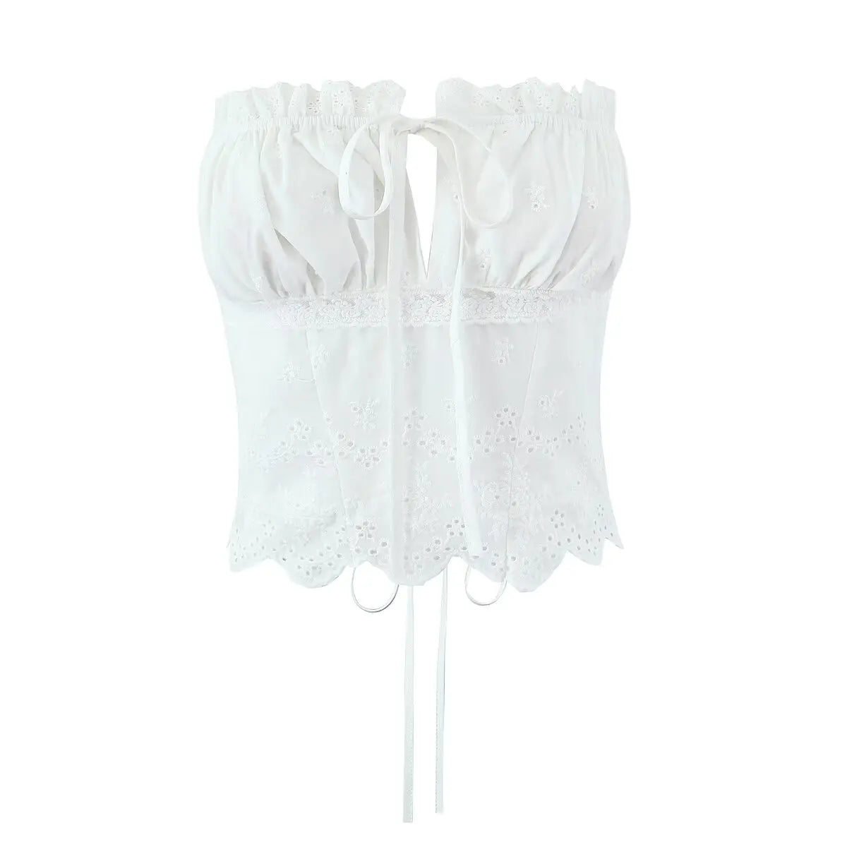 Women Hollow Out Embroidery White Strapless Top Sexy Backless Lacing Up Back Holiday Summer Crop Top Cotton