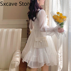 French Sweet Fairy Lolita Dress Women Long Sleeve Lace Y2k Mini Dress Vintage Kawaii Clothes One Piece Dress Korean Autumn spring