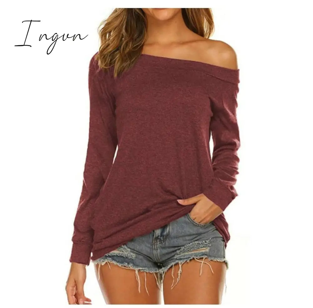 Ingvn - Stylish Off Shoulder Solid Color Long Sleeve Tops