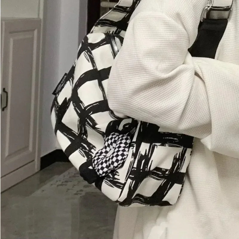 Ingvn  Canvas Fashion Womens Shoulder Bag Plaid Graffiti Large Capacity Casual Crossbody Bag College Style Fashion Female Handbag