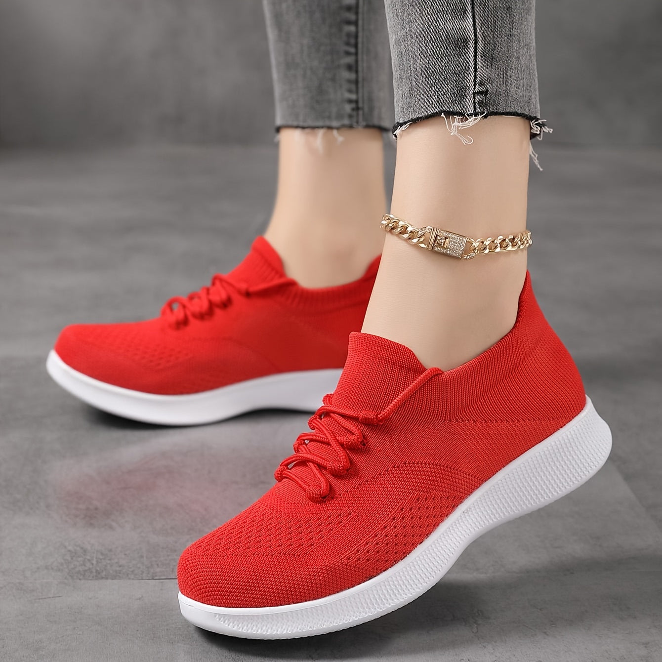 Women's Breathable Knit Sneakers, Casual Lace Up Outdoor Shoes, Comfortable Low Top Shoes plus size