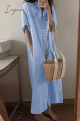 Ingvn - Casual Striped Pocket POLO collar Shirt Dress Dresses
