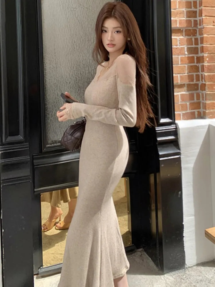 Autumn Lace Patchwork Womens Dresses Elegant V-Neck Bodycon Evening Party Mermaid Dress Slim Waist Midi Vestidos Female Clothing