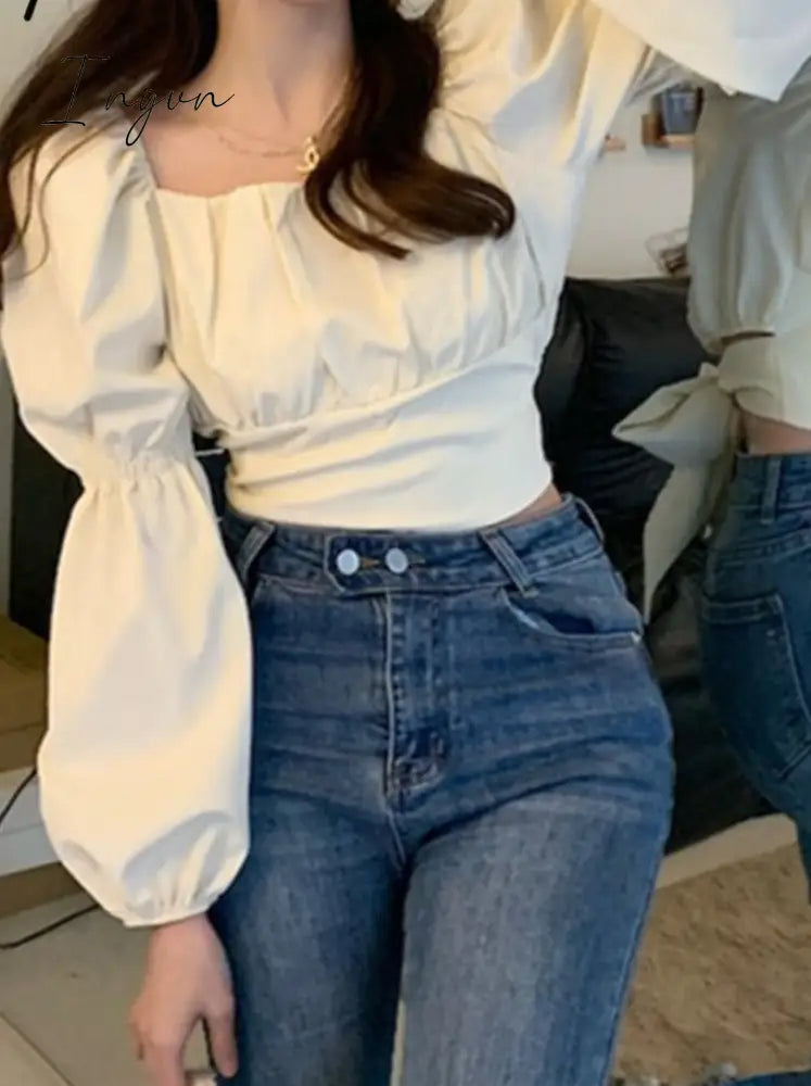 Ingvn - Elegant Blouse Women Spring Summer 2023 New French Style Square Collar Puff Sleeve Chic Shirts Ladies Casual Crop Top