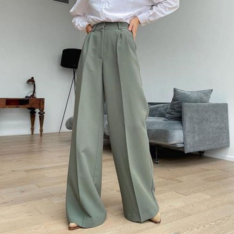 Voguable  Women High Waist Pants Casual Loose Office Lady Trousers Spring Summer New Fashion Solid Wide Leg Floor-Length Pants Female