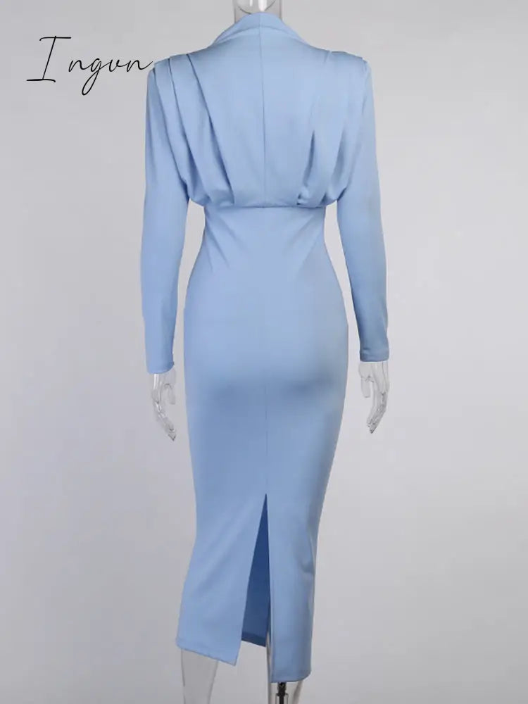 Ingvn - Elegant Women Dress Stand Collar Slim Waist Solid Blue Ankle Length Autumn Long Sleeve Casual Party Dress Fashion