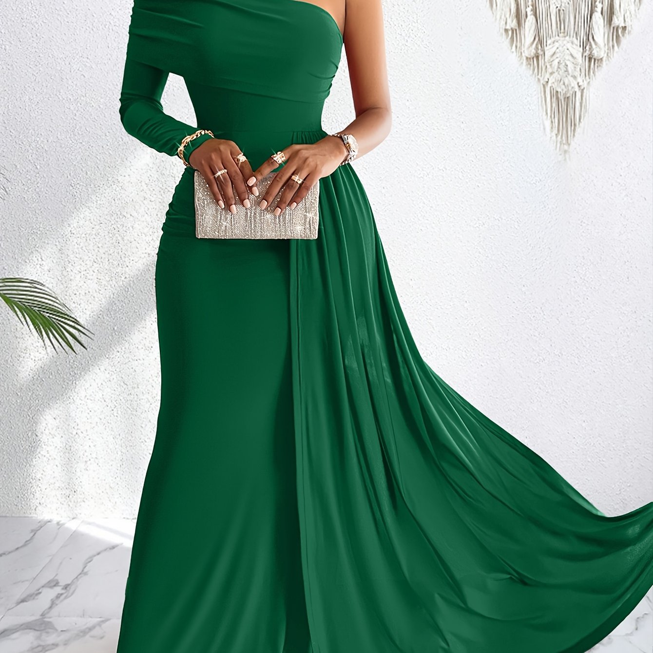 One Shoulder Asymmetrical Flowy Dress, Elegant Ruched Maxi Dress For Party & Banquet, Women's Clothing