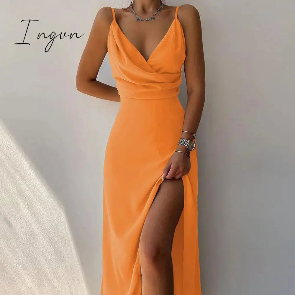 Ingvn - Sexy High Split Up Long Dress For Women Summer Print Party Dress Sleeveless Slip V Neck Elegant Dresses Ladies Evening Robe