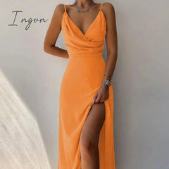 Ingvn - Sexy High Split Up Long Dress For Women Summer Print Party Dress Sleeveless Slip V Neck Elegant Dresses Ladies Evening Robe