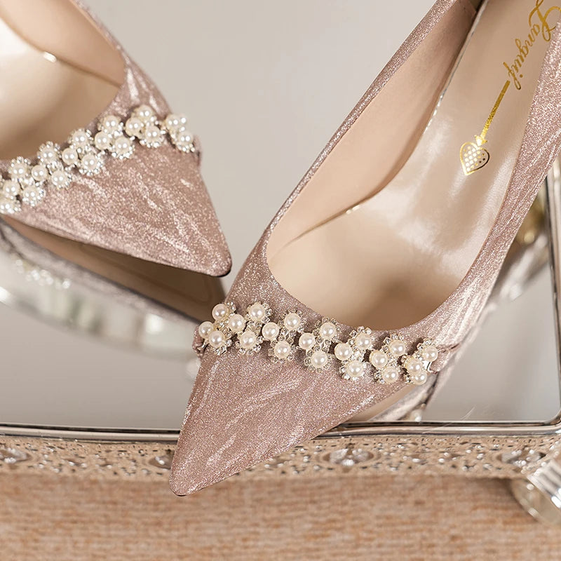 Shiny Glitter High Heels Pumps Women Autumn Luxury Pearl Stiletto Heeled Designer Shoes Woman Pointed Toe Silver Party Shoe