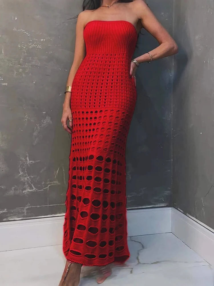 Strapless Off-shoulder Hollow Out Knit Maxi Dress For Women Gown Fashion Sleeveless Backless Beach Skinny Long Dress