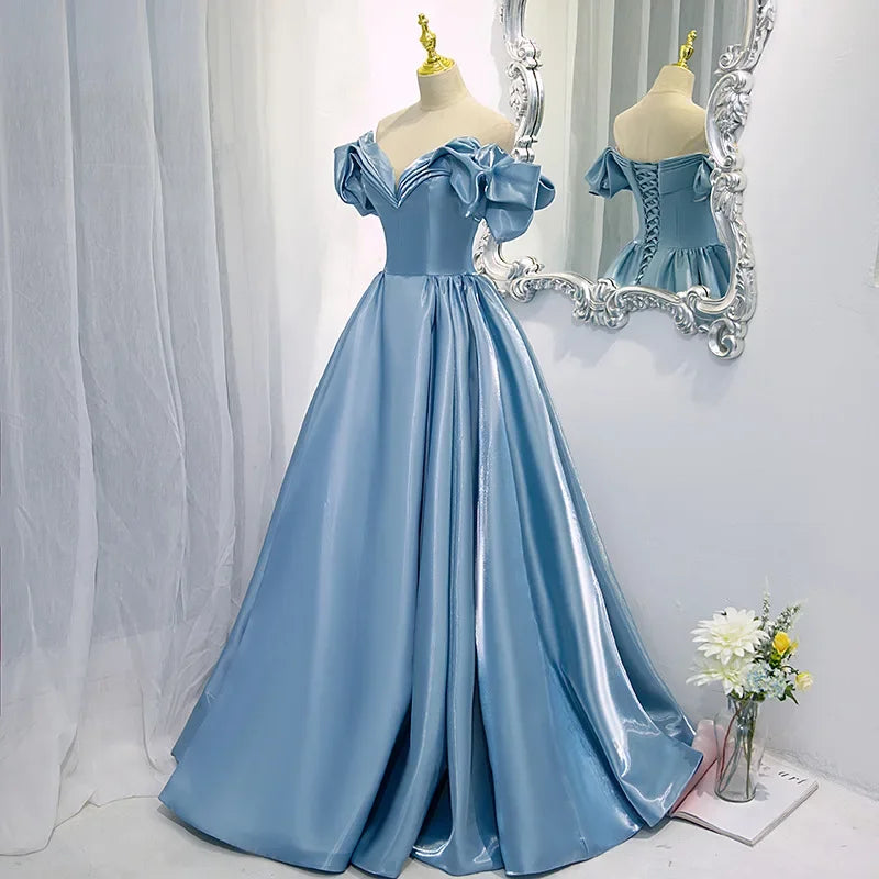 New High-End Feel Off-Shoulder Blue Satin French Style Evening Dress For Women's Formal Performance Costume