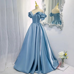 New High-End Feel Off-Shoulder Blue Satin French Style Evening Dress For Women's Formal Performance Costume